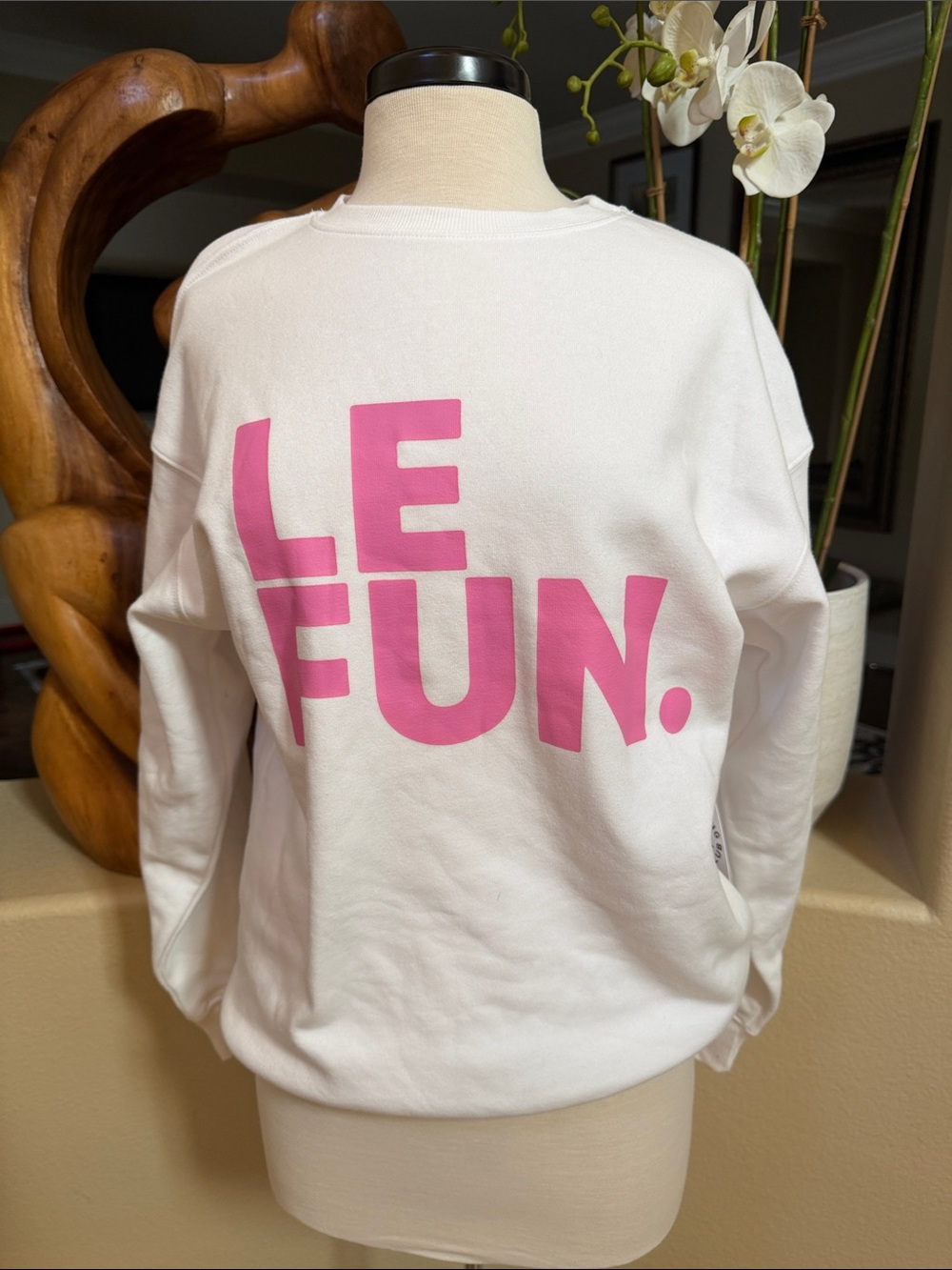 White Crewneck Sweatshirt with Pink "LE FUN." Graphic